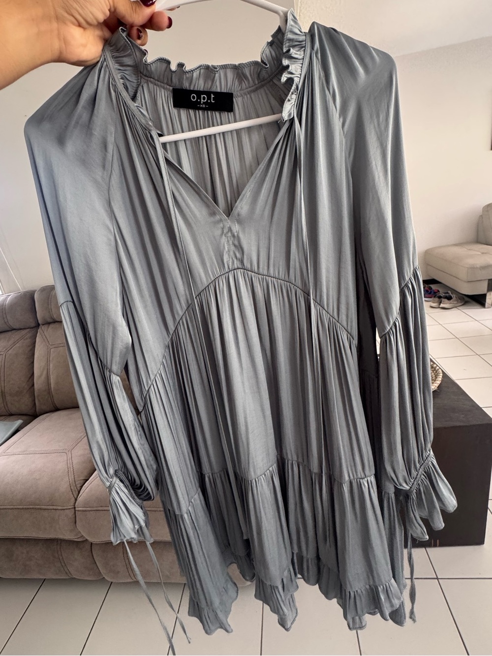 o.p.t. Women's Silver-Gray Midi Dress with Tiered Ruffles